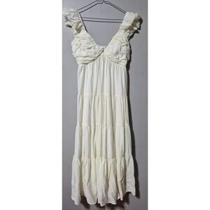 Worth Collective Cream Ruffle Tiered  Dress Smocked Back MD3623 Womens Medium
